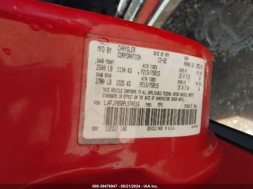 1993 Jeep Cherokee Country VIN: 1J4FJ78S8PL574516 Lot: 39476947