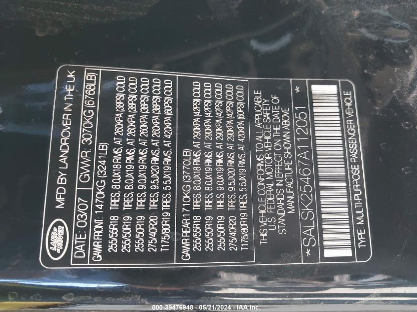 2007 Land Rover Range Rover Sport Hse VIN: SALSK25467A112051 Lot: 39476948