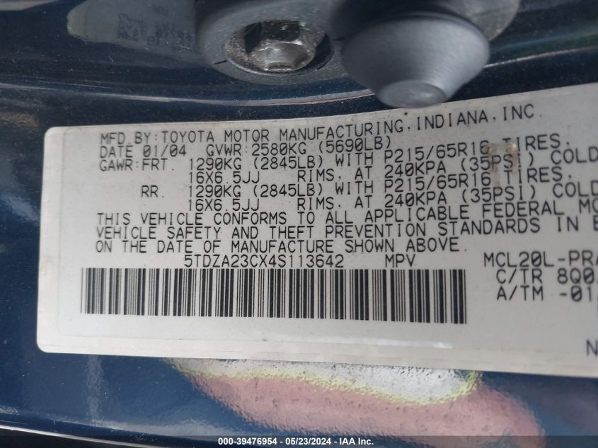 2004 Toyota Sienna Le VIN: 5TDZA23CX4S113642 Lot: 39476954
