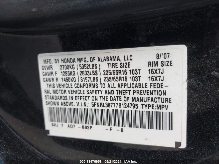 2007 Honda Odyssey Ex-L VIN: 5FNRL38777B124795 Lot: 39476956