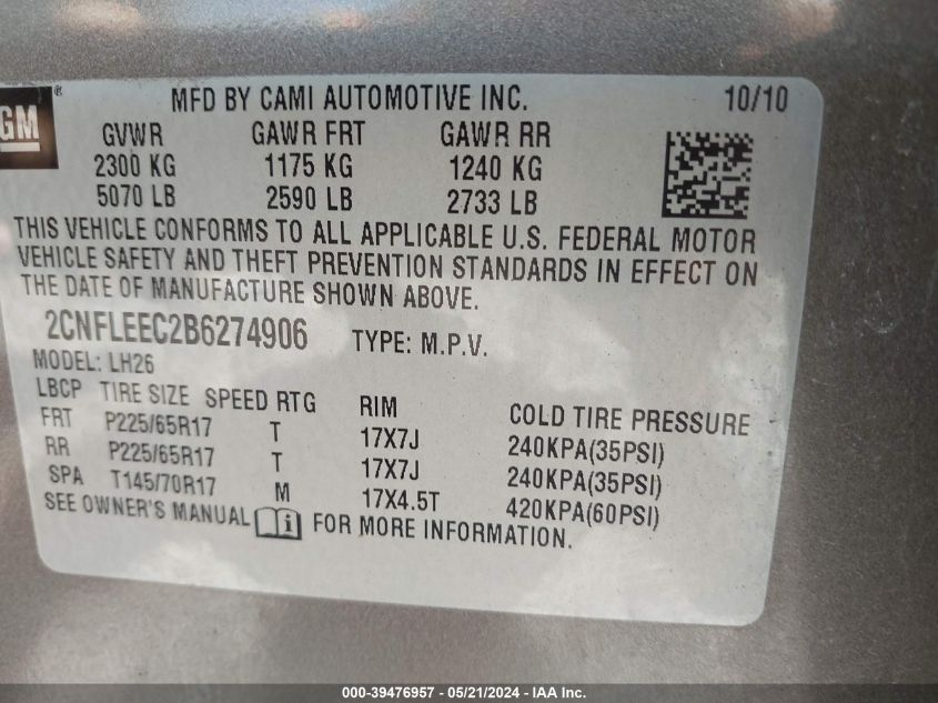 2011 Chevrolet Equinox 1Lt VIN: 2CNFLEEC2B6274906 Lot: 39476957