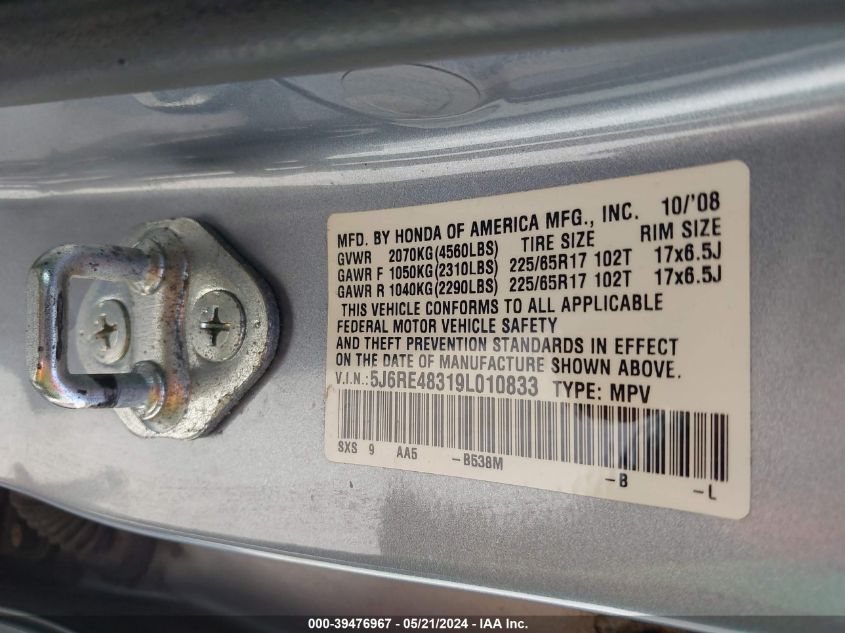 2009 Honda Cr-V Lx VIN: 5J6RE48319L010833 Lot: 39476967