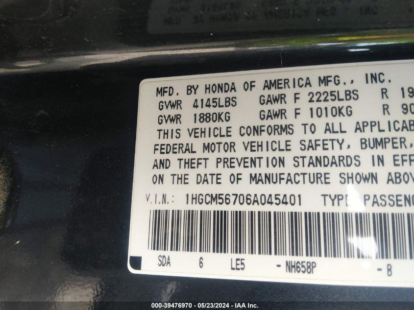 2006 Honda Accord 2.4 Ex VIN: 1HGCM56706A045401 Lot: 39476970