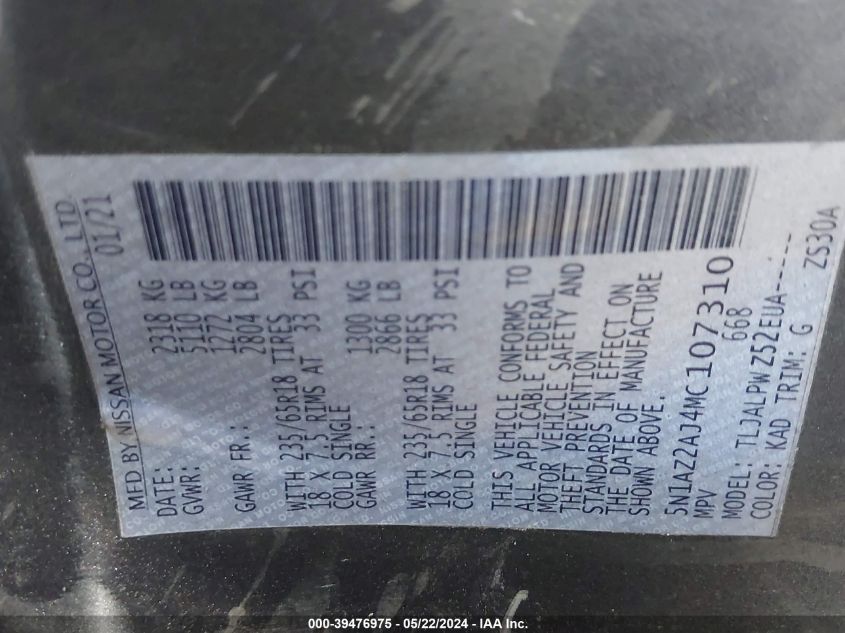 2021 Nissan Murano S Fwd VIN: 5N1AZ2AJ4MC107310 Lot: 39476975
