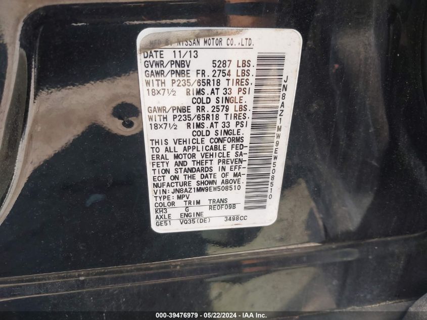 2014 Nissan Murano Sl VIN: JN8AZ1MW9EW508510 Lot: 39476979