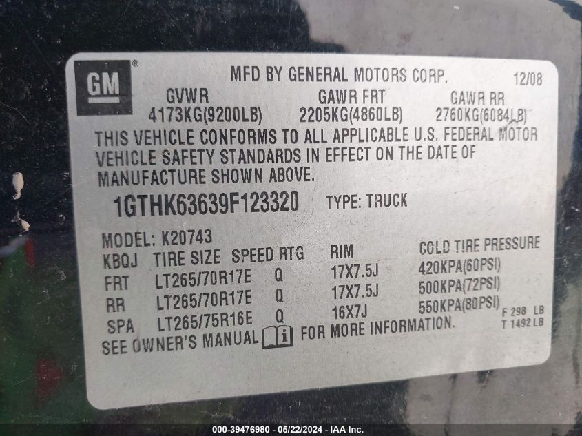2009 GMC Sierra 2500Hd Slt VIN: 1GTHK63639F123320 Lot: 39476980