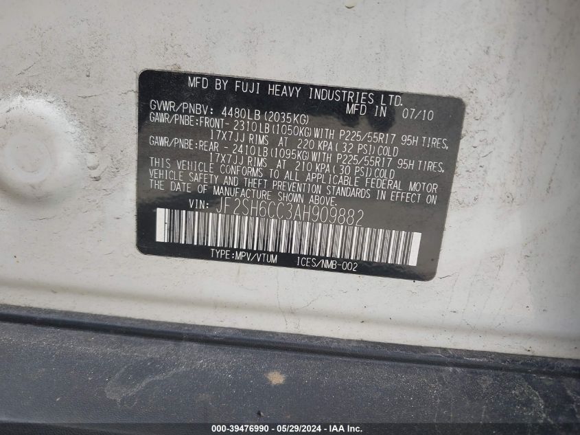 2010 Subaru Forester 2.5X Premium VIN: JF2SH6CC3AH909882 Lot: 39476990