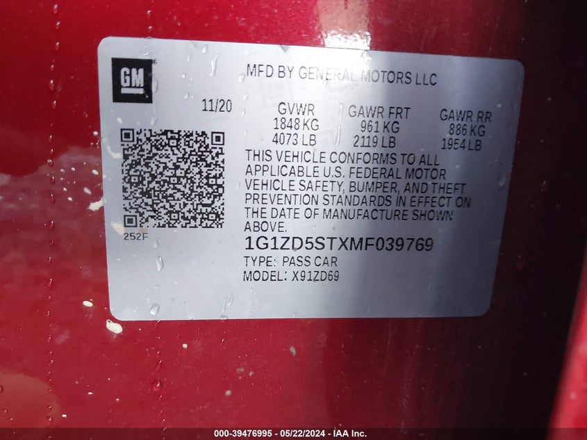 2021 Chevrolet Malibu Fwd Lt VIN: 1G1ZD5STXMF039769 Lot: 39476995