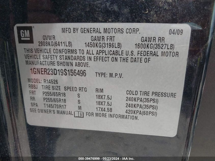 2009 Chevrolet Traverse Lt VIN: 1GNER23D19S156496 Lot: 39476999