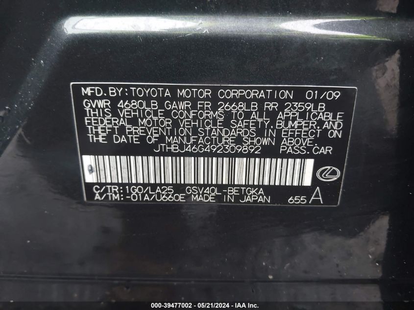 2009 Lexus Es 350 VIN: JTHBJ46G492309892 Lot: 39477002