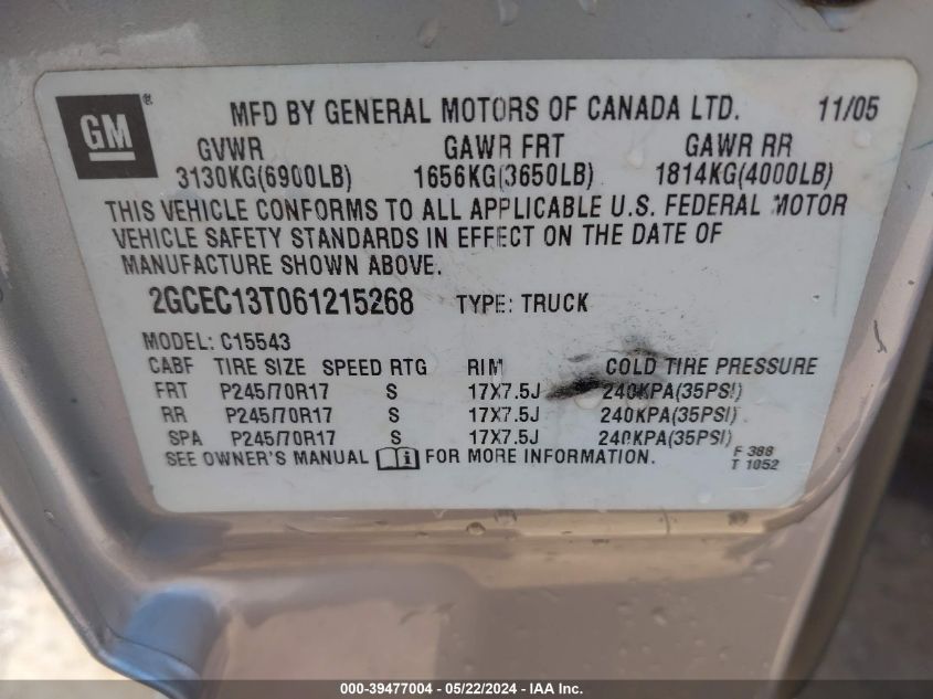 2006 Chevrolet Silverado 1500 Lt2 VIN: 2GCEC13T061215268 Lot: 39477004