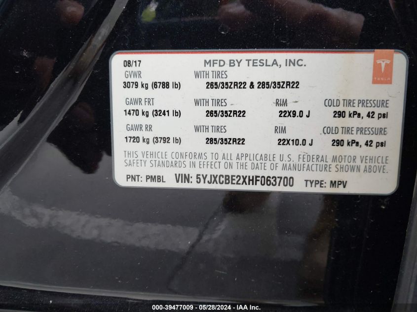 2017 Tesla Model X 100D/75D/90D VIN: 5YJXCBE2XHF063700 Lot: 39477009