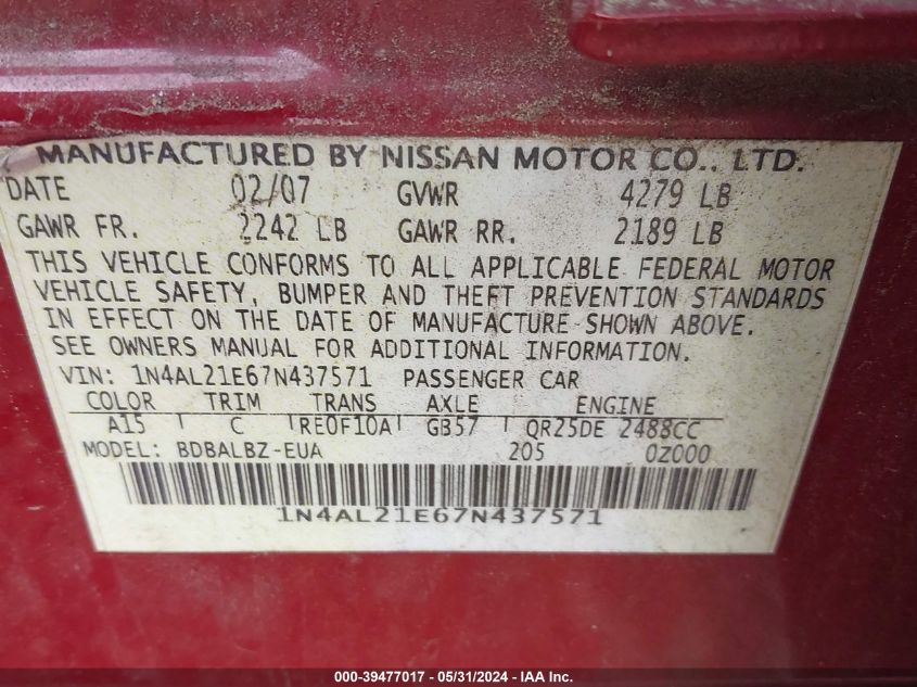 2007 Nissan Altima 2.5 S VIN: 1N4AL21E67N437571 Lot: 39477017