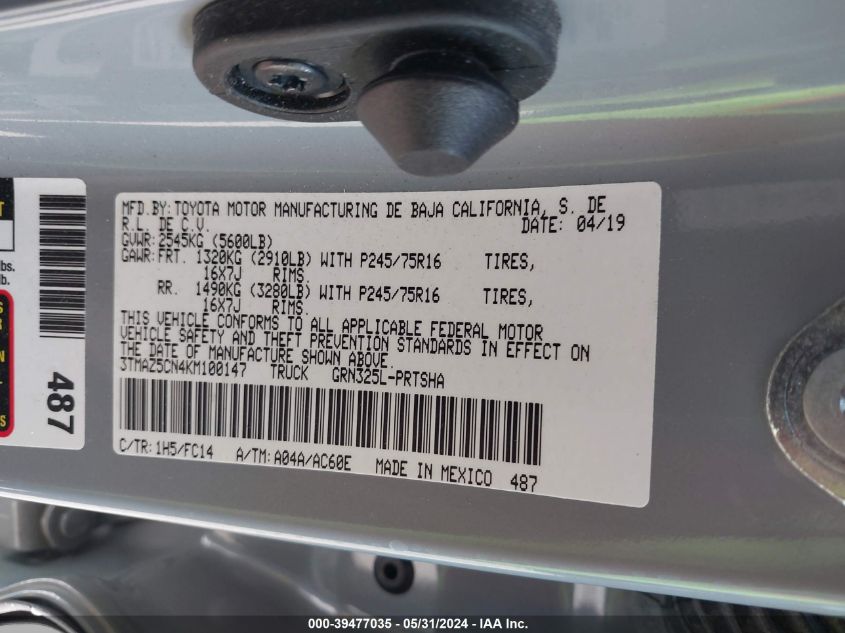 2019 Toyota Tacoma Sr5 V6 VIN: 3TMAZ5CN4KM100147 Lot: 39477035