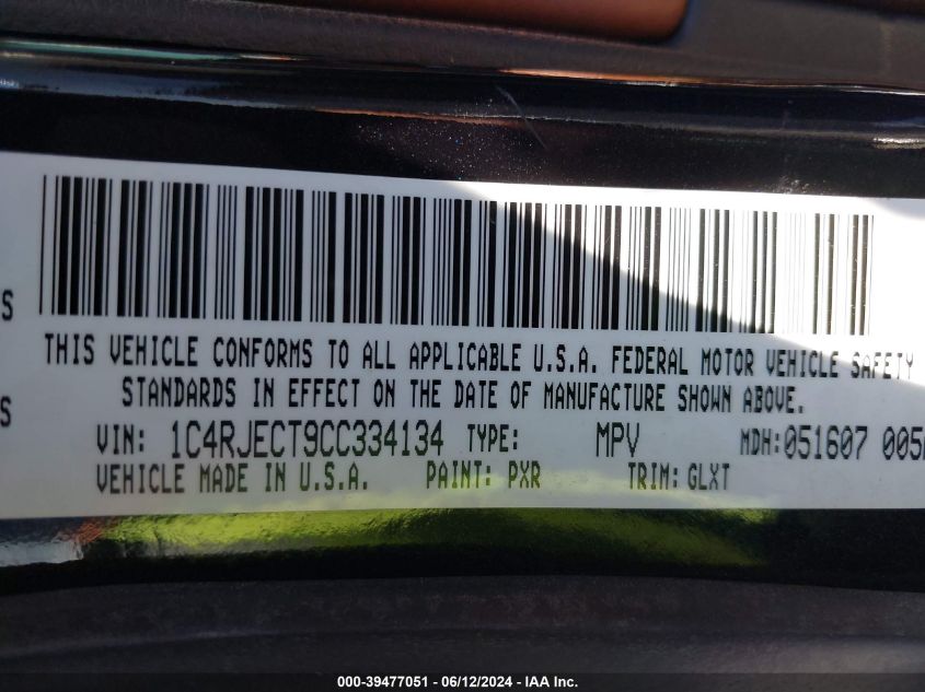 2012 Jeep Grand Cherokee Overland VIN: 1C4RJECT9CC334134 Lot: 39477051