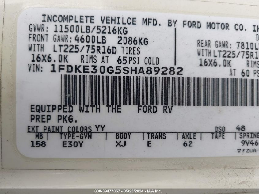 1995 Ford Econoline E350 Cutaway Van VIN: 1SDKE30G5SHA89282 Lot: 39477057