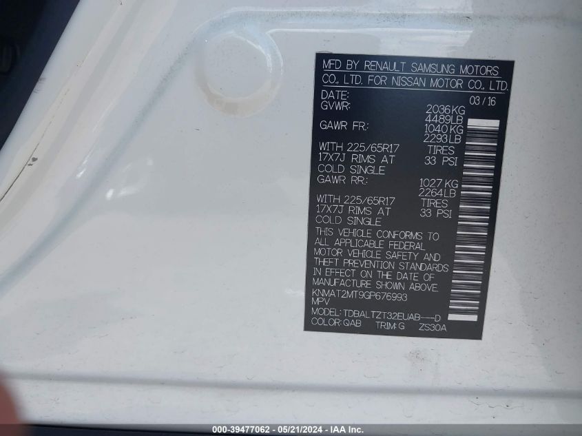 2016 Nissan Rogue Sv VIN: KNMAT2MT9GP676993 Lot: 39477062