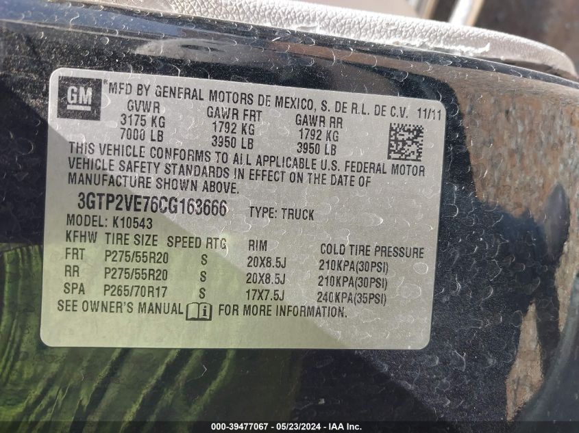 2012 GMC Sierra 1500 Sle VIN: 3GTP2VE76CG163666 Lot: 39477067