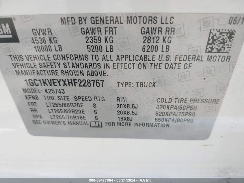 2017 Chevrolet Silverado 2500Hd Lt VIN: 1GC1KVEYXHF228767 Lot: 39477084