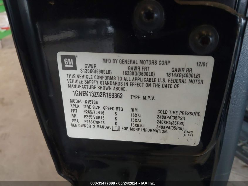 2002 Chevrolet Tahoe Lt VIN: 1GNEK13Z92R199362 Lot: 39477088