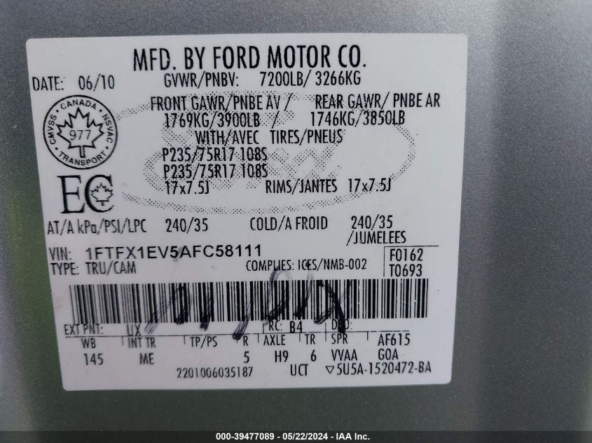 2010 Ford F-150 Fx4/Lariat/Xl/Xlt VIN: 1FTFX1EV5AFC58111 Lot: 39477089