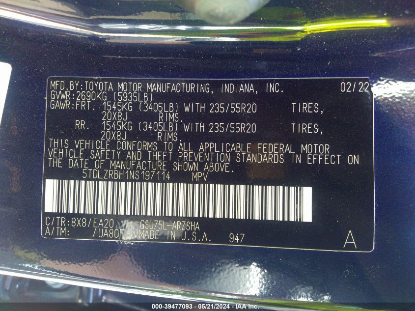 2022 Toyota Highlander Xse VIN: 5TDLZRBH1NS197114 Lot: 39477093