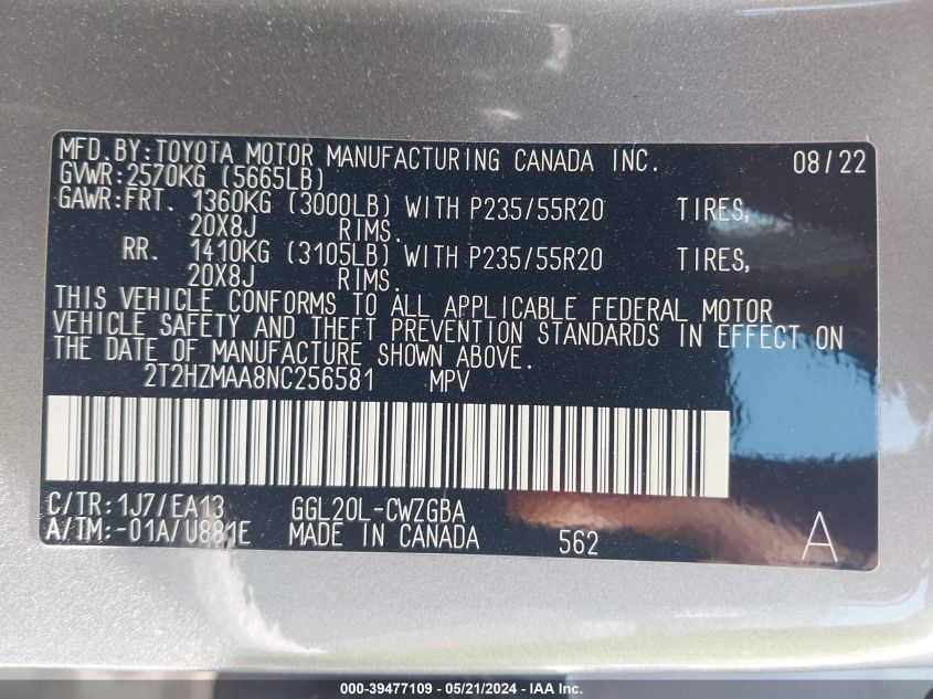 2022 Lexus Rx 350 VIN: 2T2HZMAA8NC256581 Lot: 39477109