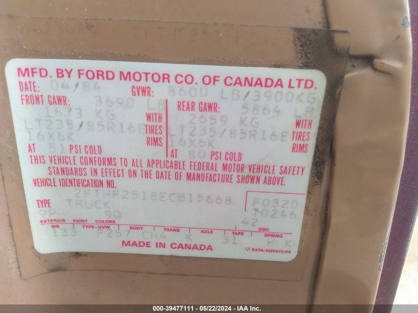 1984 Ford F250 VIN: 2FTHF2518ECB15668 Lot: 39477111