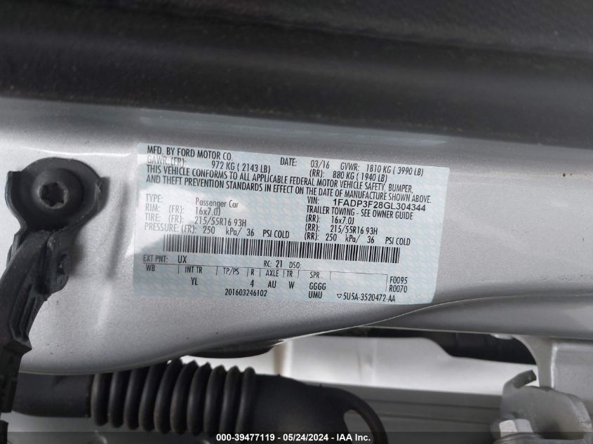 2016 FORD FOCUS SE - 1FADP3F28GL304344