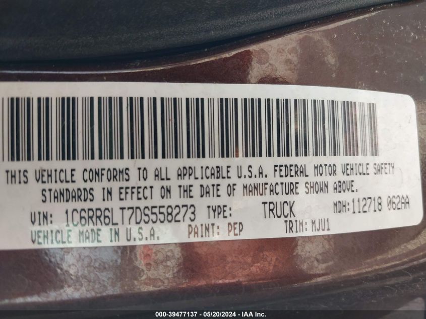 2013 Ram 1500 Big Horn VIN: 1C6RR6LT7DS558273 Lot: 39477137