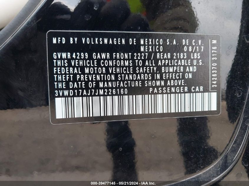 2018 Volkswagen Jetta 1.8T Se Sport VIN: 3VWD17AJ7JM226160 Lot: 39477145