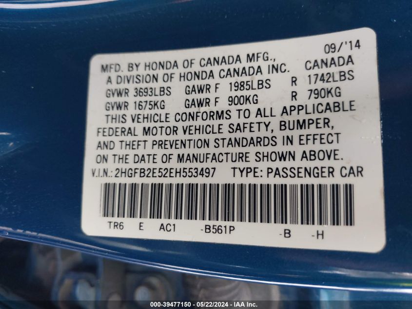 2014 Honda Civic Lx VIN: 2HGFB2E52EH553497 Lot: 39477150