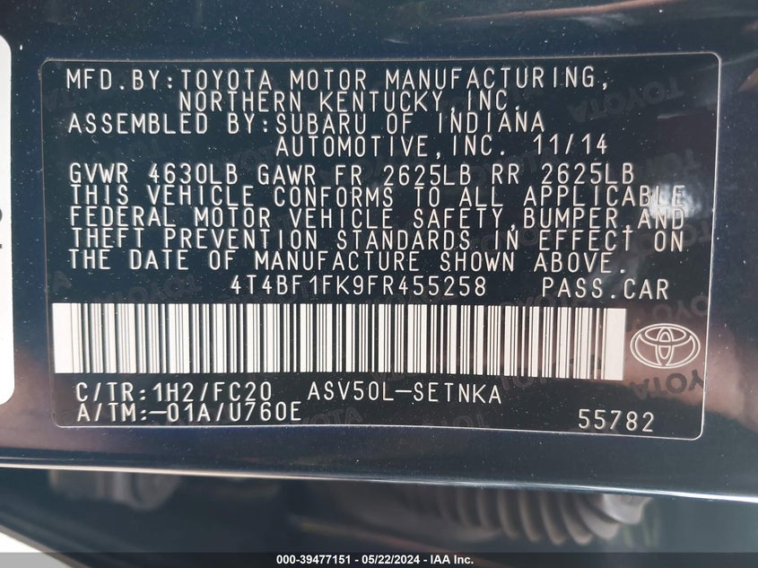 2015 Toyota Camry Le VIN: 4T4BF1FK9FR455258 Lot: 39477151