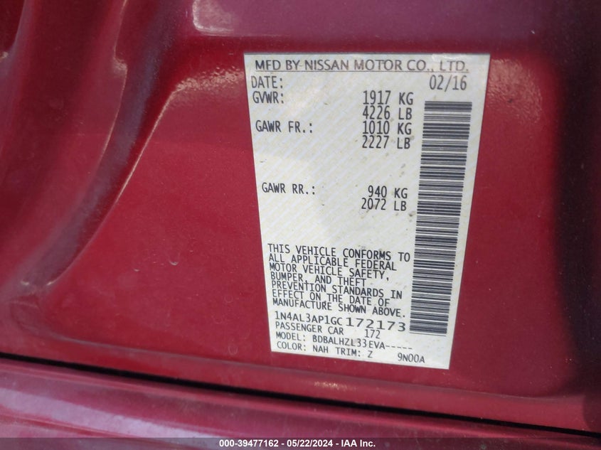 2016 Nissan Altima 2.5 Sr VIN: 1N4AL3AP1GC172173 Lot: 39477162