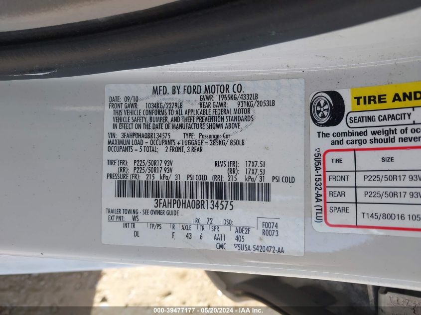 2011 Ford Fusion Se VIN: 3FAHP0HA0BR134575 Lot: 39477177