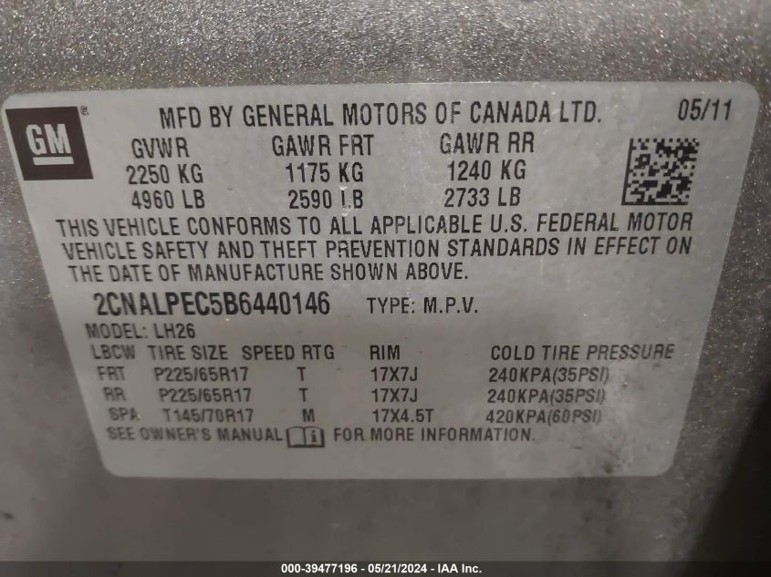 2011 Chevrolet Equinox 2Lt VIN: 2CNALPEC5B6440146 Lot: 39477196