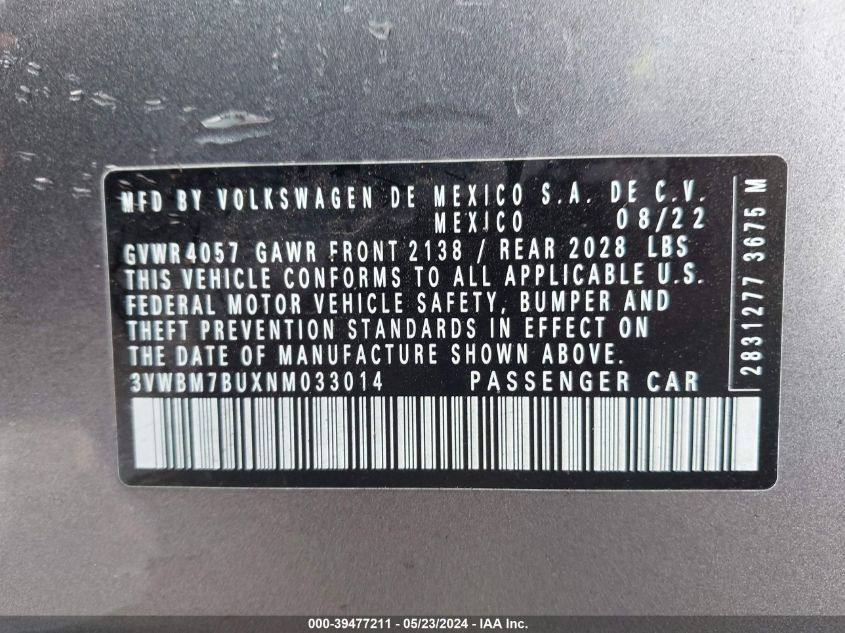 2022 Volkswagen Jetta 1.5T Sport VIN: 3VWBM7BUXNM033014 Lot: 39477211