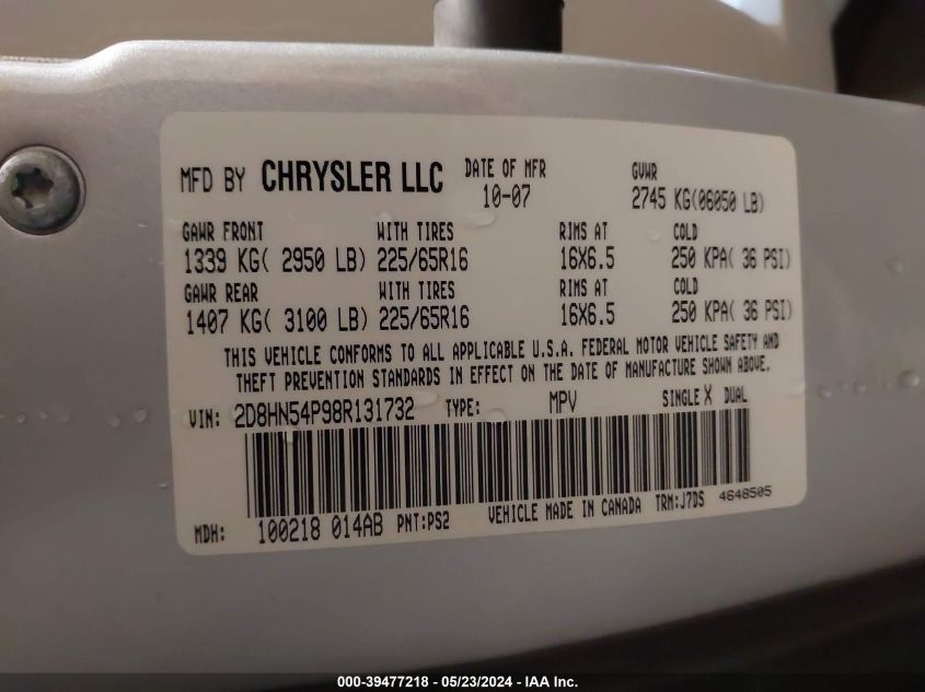 2008 Dodge Grand Caravan Sxt VIN: 2D8HN54P98R131732 Lot: 39477218