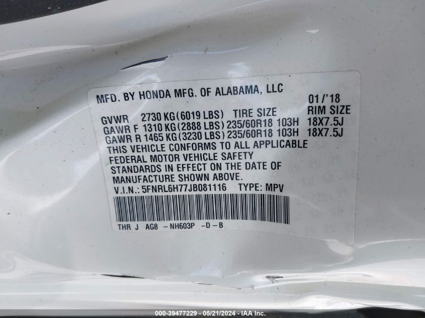 2018 Honda Odyssey Ex-L VIN: 5FNRL6H77JB081116 Lot: 39477229