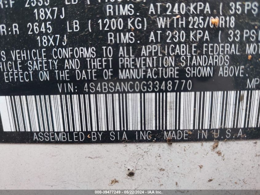 2016 Subaru Outback 2.5I Limited VIN: 4S4BSANC0G3348770 Lot: 39477249