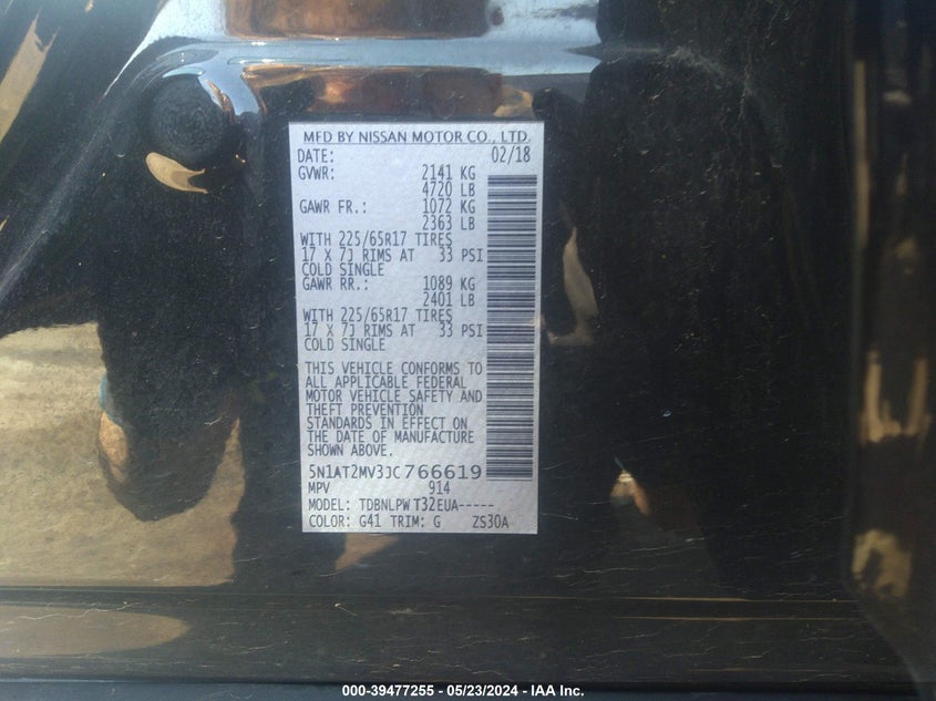 2018 Nissan Rogue S VIN: 5N1AT2MV3JC766619 Lot: 39477255