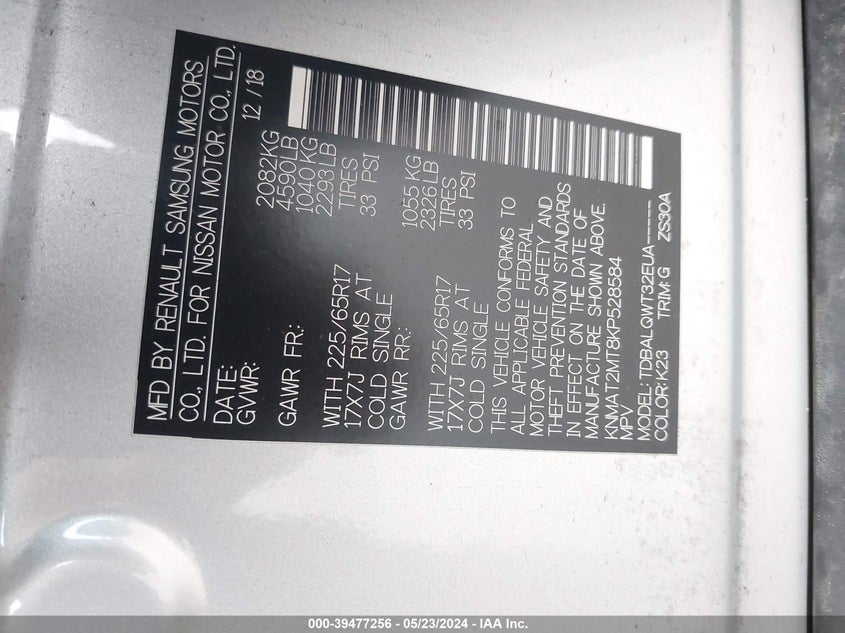 2019 Nissan Rogue Sv VIN: KNMAT2MT8KP528584 Lot: 39477256