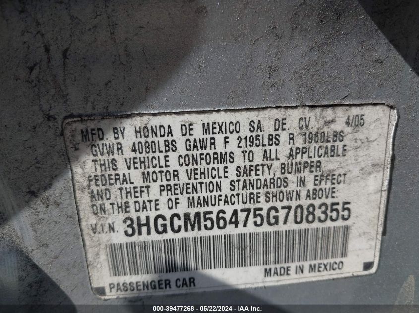 2005 Honda Accord 2.4 Lx VIN: 3HGCM56475G708355 Lot: 39477268