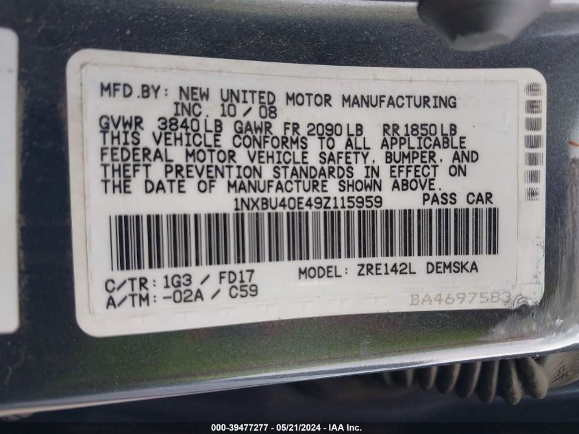 2009 Toyota Corolla S VIN: 1NXBU40E49Z115959 Lot: 39477277