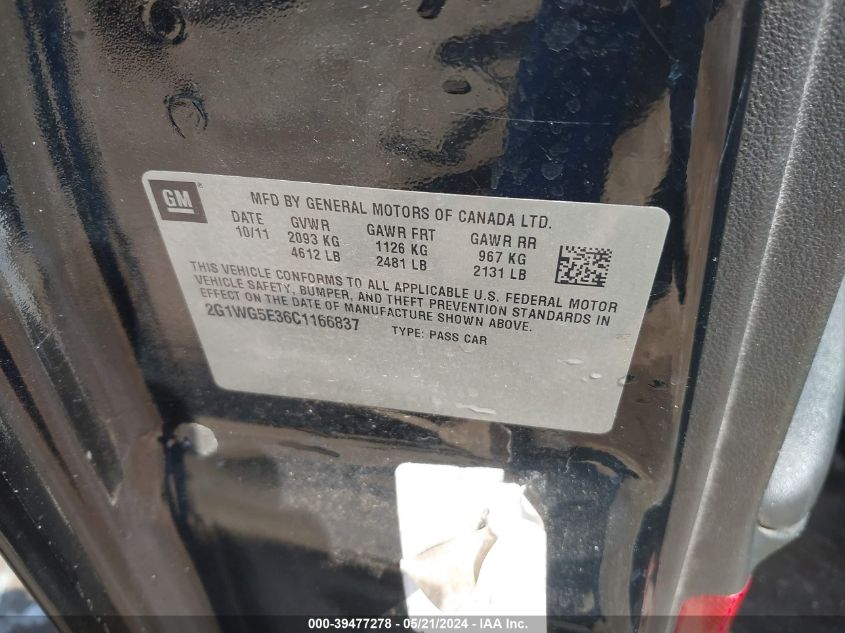 2012 Chevrolet Impala Lt VIN: 2G1WG5E36C1166837 Lot: 39477278