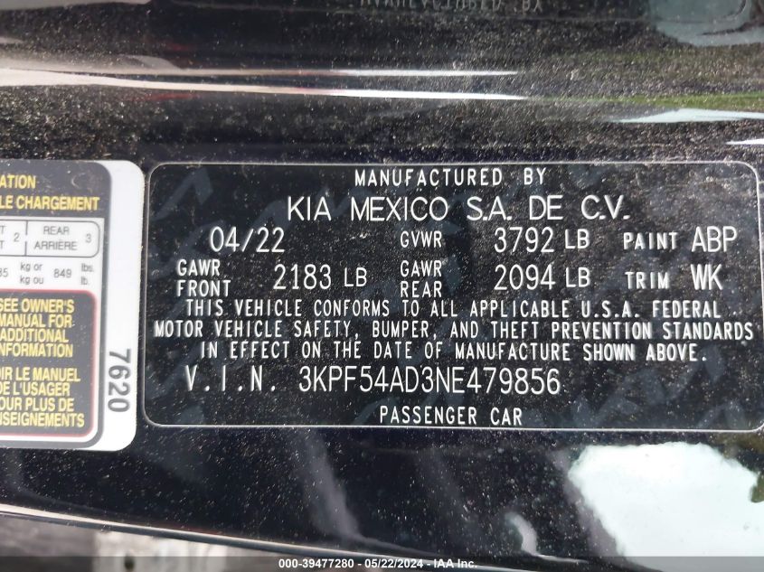 2022 Kia Forte Gt-Line VIN: 3KPF54AD3NE479856 Lot: 39477280