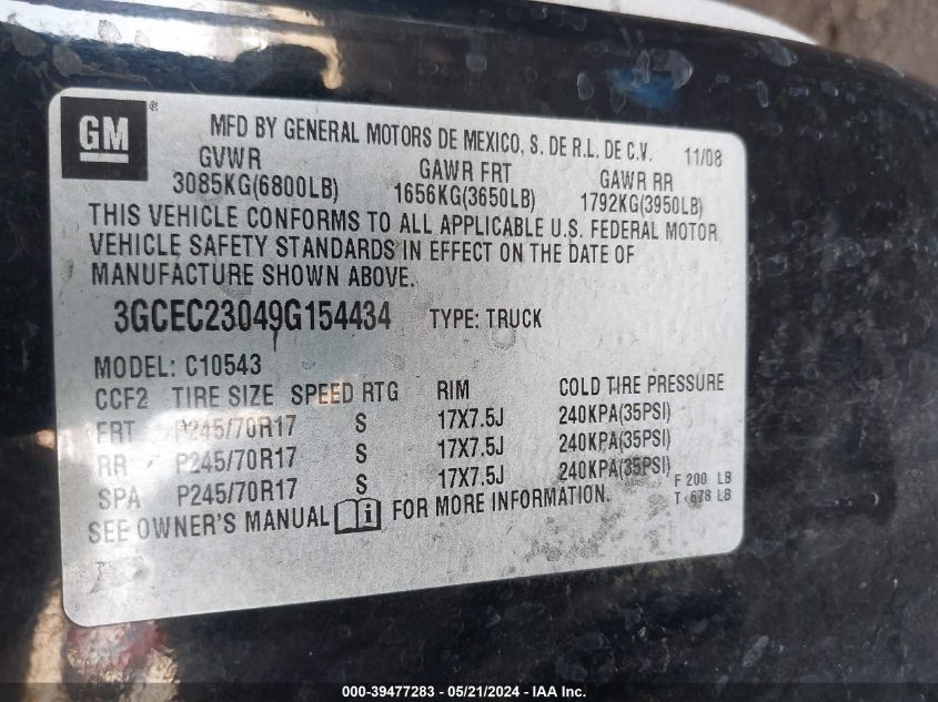 2009 Chevrolet Silverado 1500 Lt VIN: 3GCEC23049G154434 Lot: 39477283