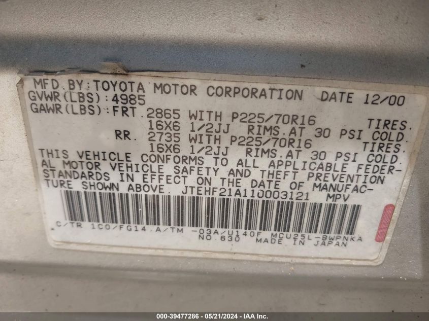 2001 Toyota Highlander V6 VIN: JTEHF21A110003121 Lot: 39477286