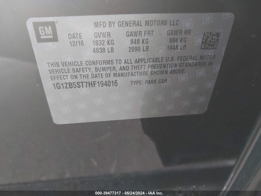 2017 Chevrolet Malibu Ls VIN: 1G1ZB5ST7HF194016 Lot: 39477317