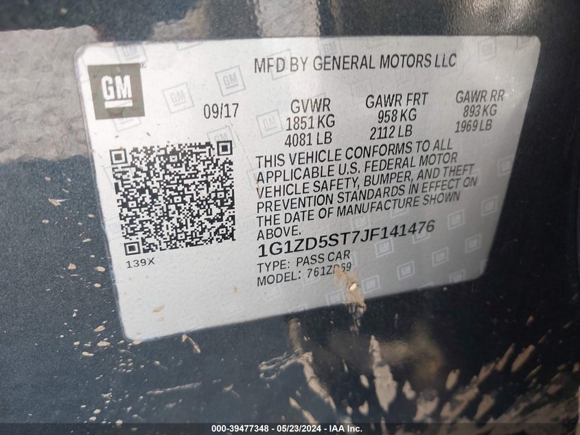 2018 Chevrolet Malibu Lt VIN: 1G1ZD5ST7JF141476 Lot: 39477348